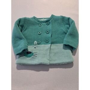 Boboli Baby Cardigan Teal Mint Green Animal Face Borg Lined Sweater 6M 68cm